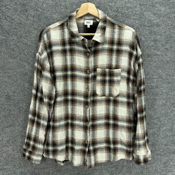 BKE Shirt Women S Small White PLaid Button Up Collared Boyfriend Long Sleeve - Picture 1 of 8